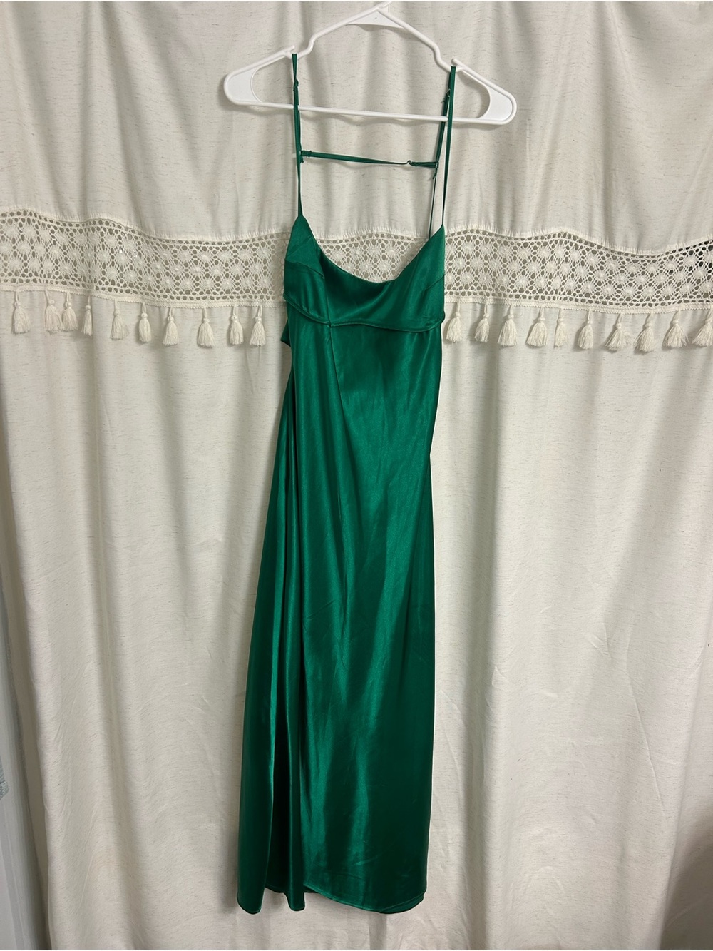 Emerald Satin Slip Dress with Spaghetti Straps